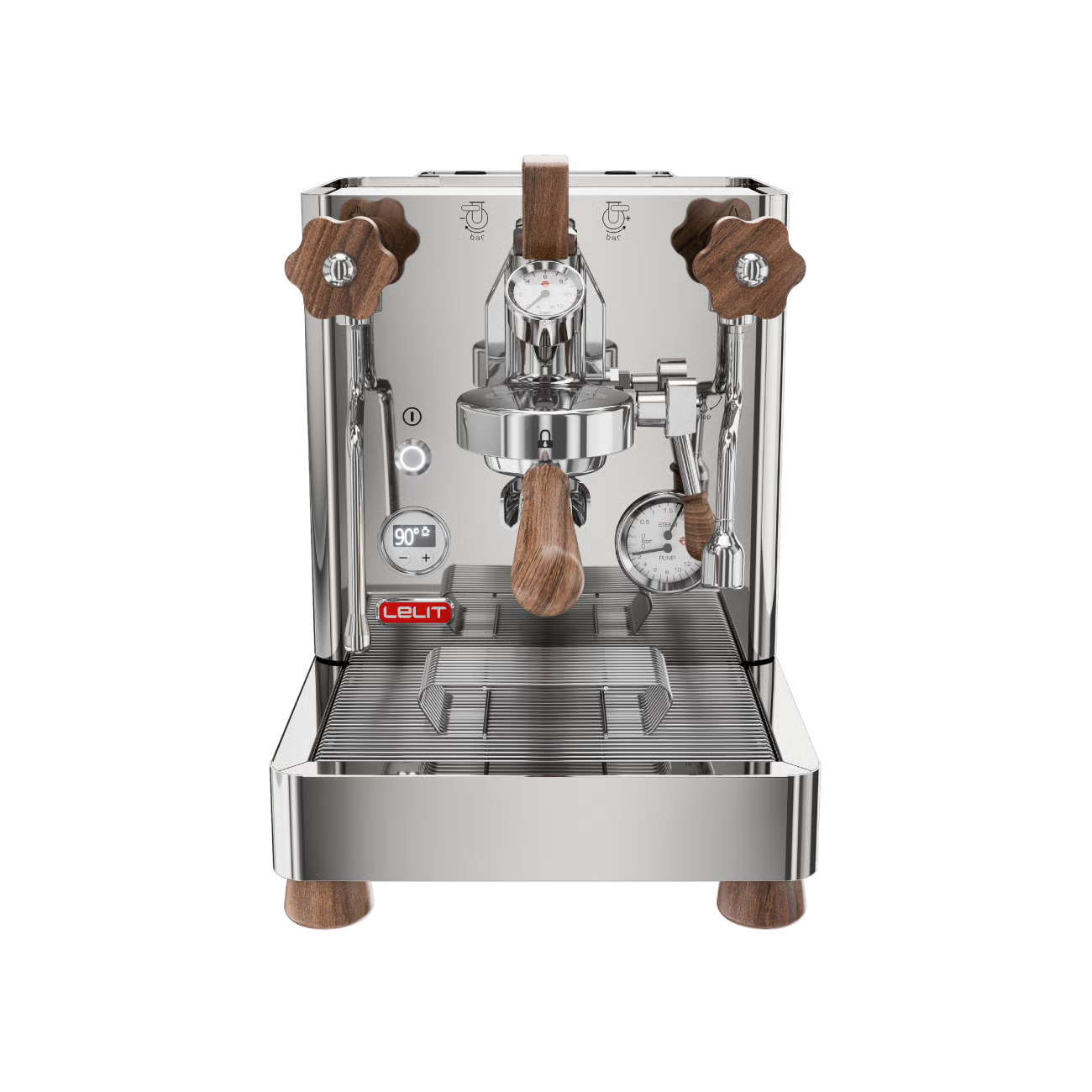 Espresso machine, Lelit Bianca with wooden components on a white background