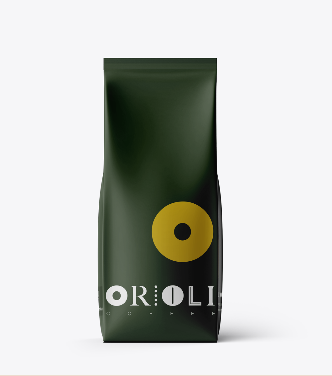 Dark green coffee bag with a yellow circle and 'ORIOLI' branding on a white background