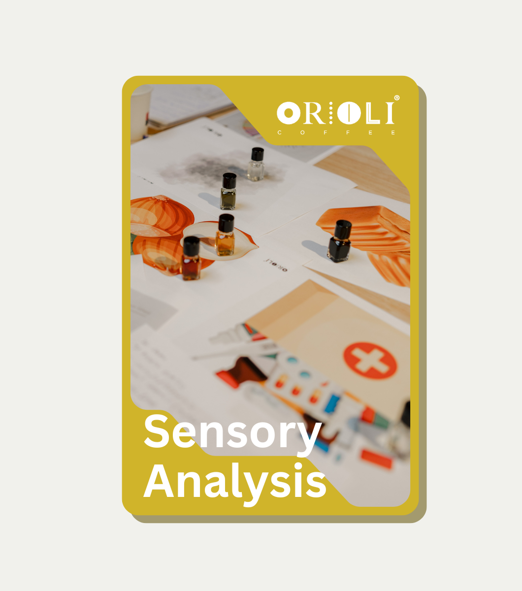 Orioli Sensory Analysis card with sensory testing setup on a white background
