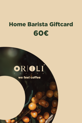 Orioli Coffee gift card with coffee beans and a black disc on a beige background