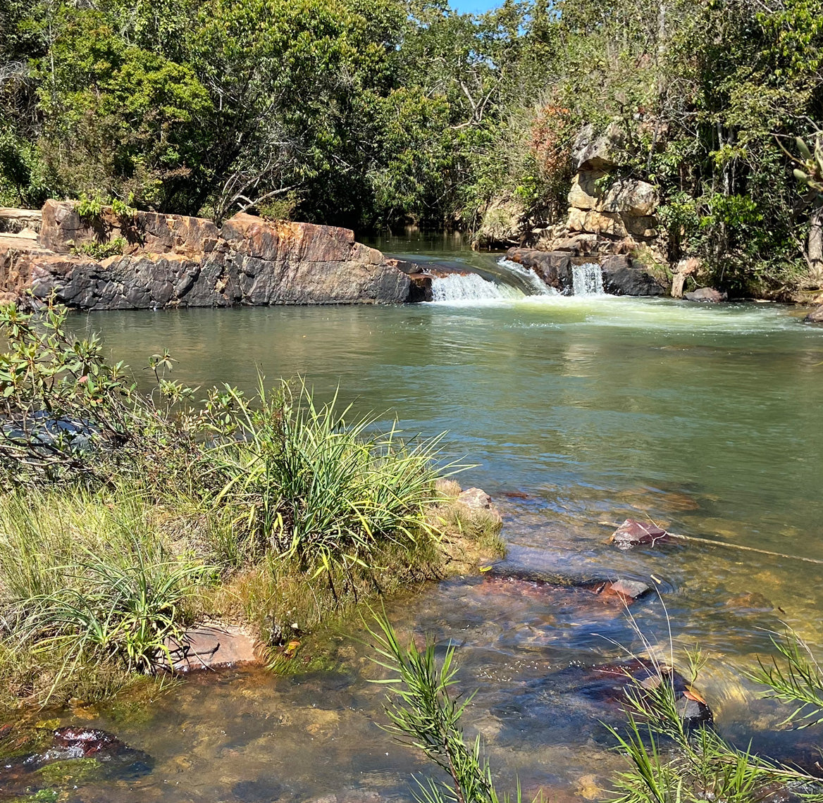 Fazenda Bagagem Small waterfall flowing into a calm pool surrounded by greenery