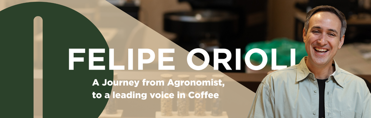 Felipe smiling with text overlay about a journey from agronomist to a leading voice in coffee, with a blurred background.