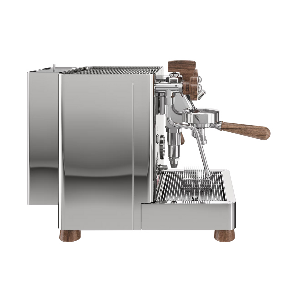 Lelit Bianca Stainless steel espresso machine with wooden accents on a white background