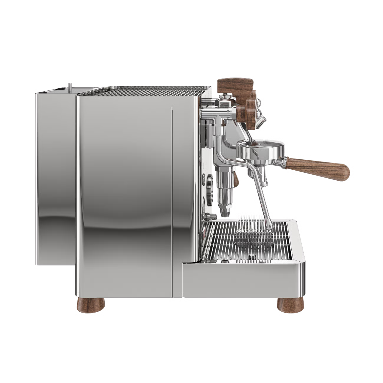 Lelit Bianca Stainless steel espresso machine with wooden accents on a white background
