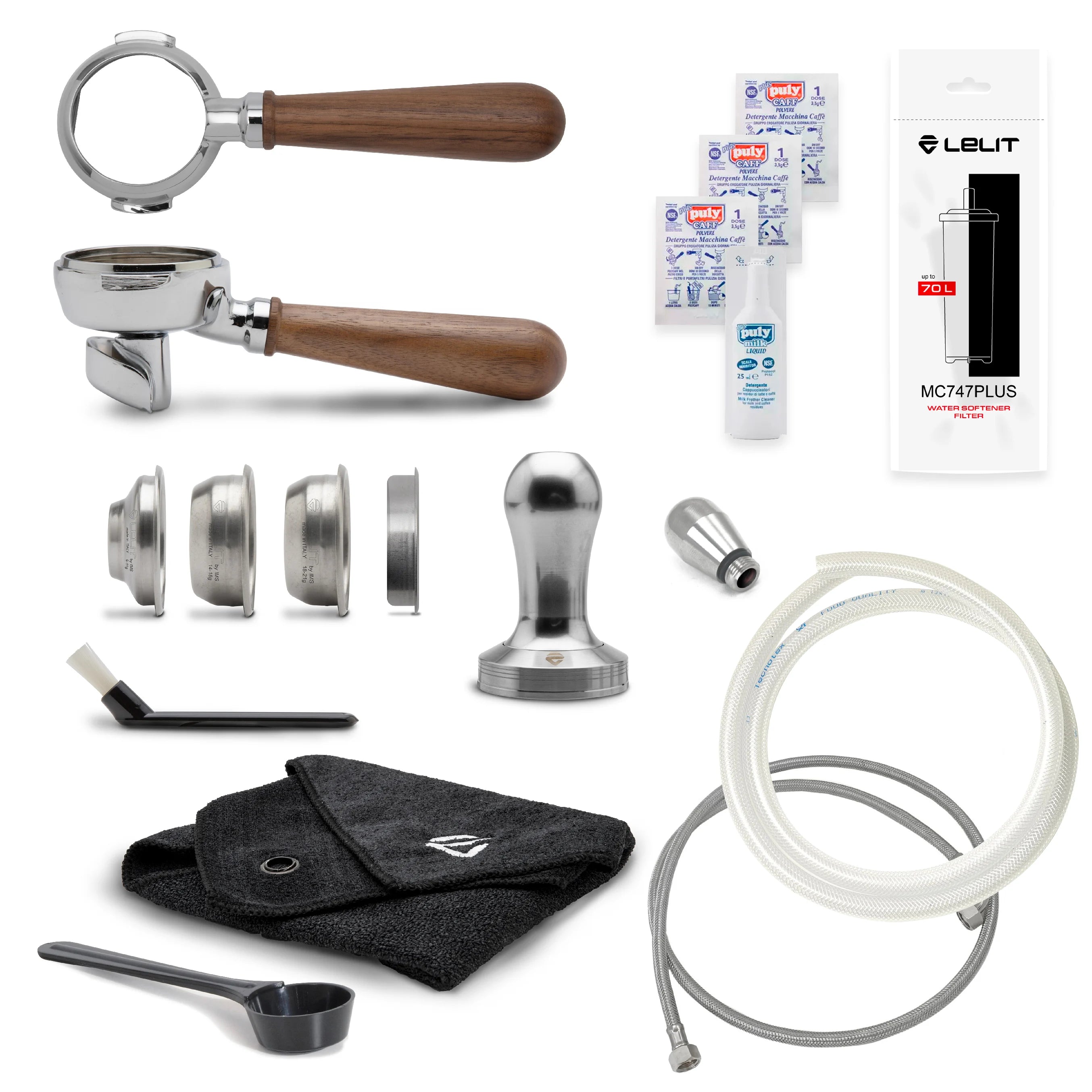 Collection of coffee brewing tools and accessories on a white background