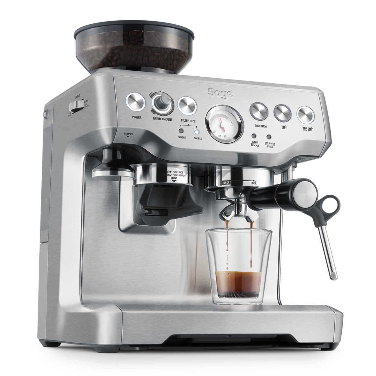Sage espresso machine with a glass of coffee on a white background