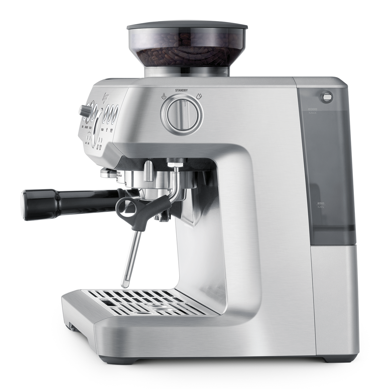 Sage silver espresso machine on a white background