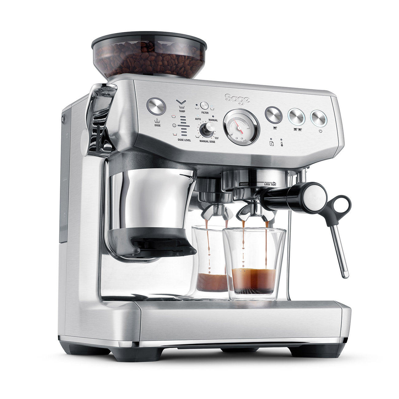 Sage Barista Express Impress Silver machine on a white background