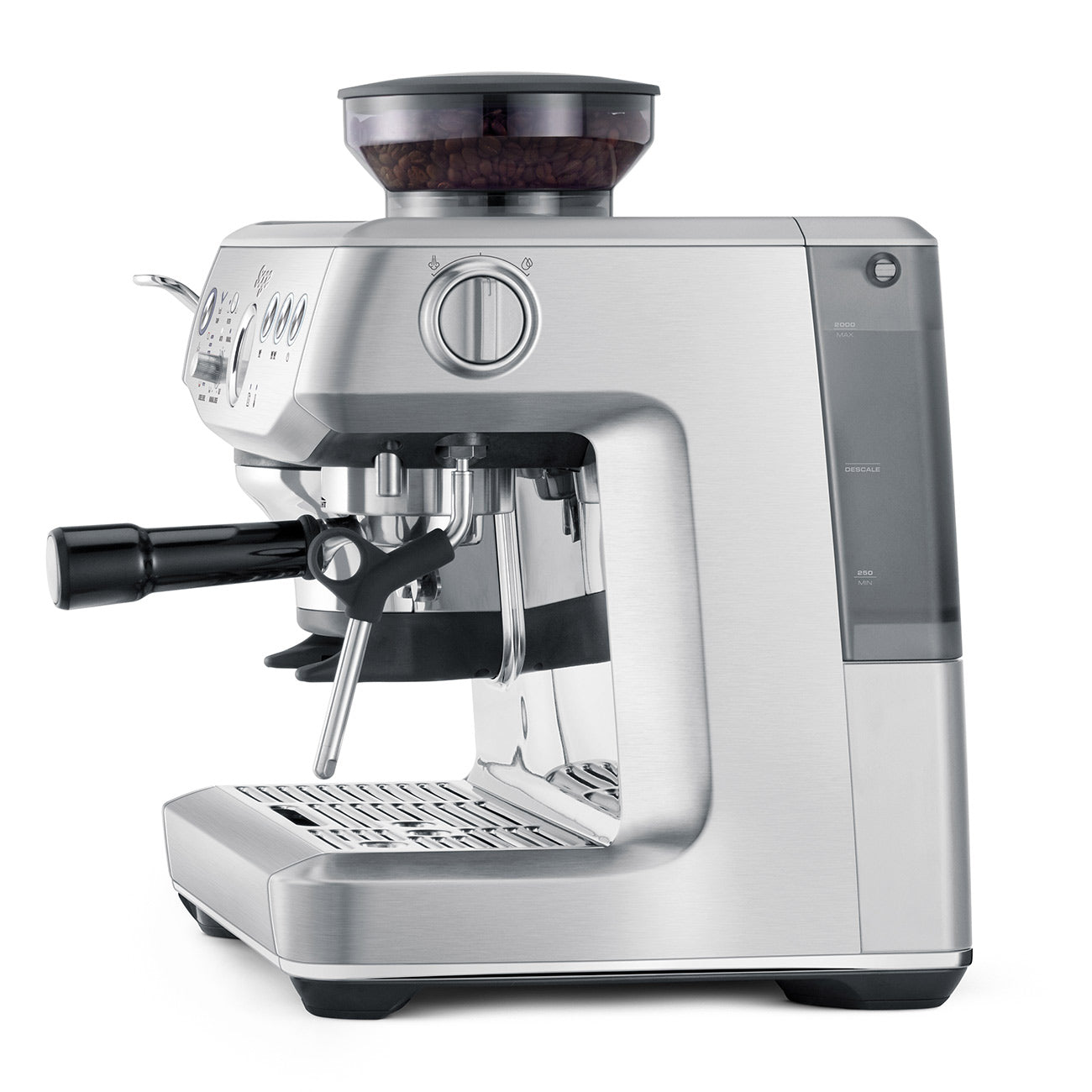 Sage silver espresso machine with a white background