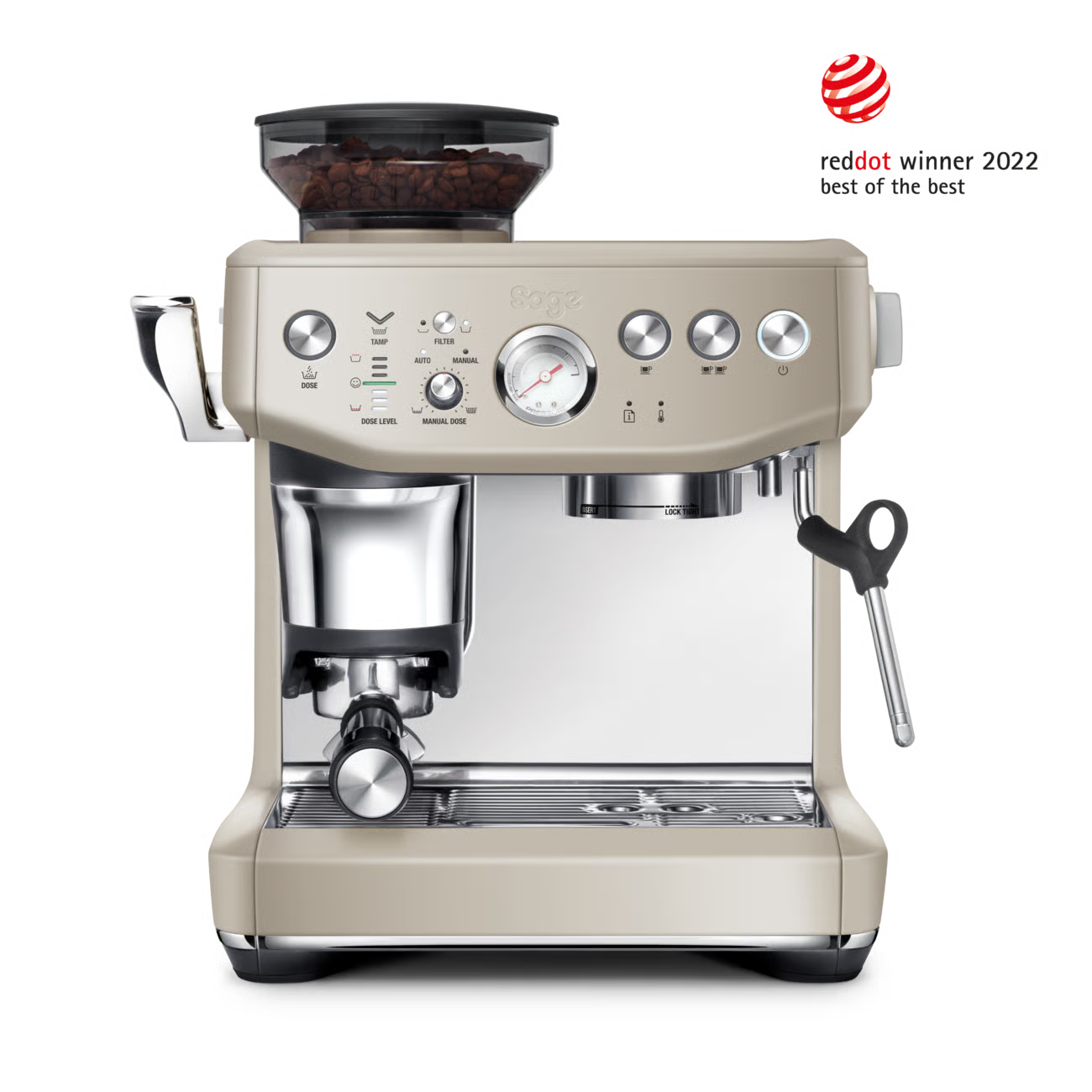 SAGE Beige espresso machine with a Red Dot Award logo on a white background
