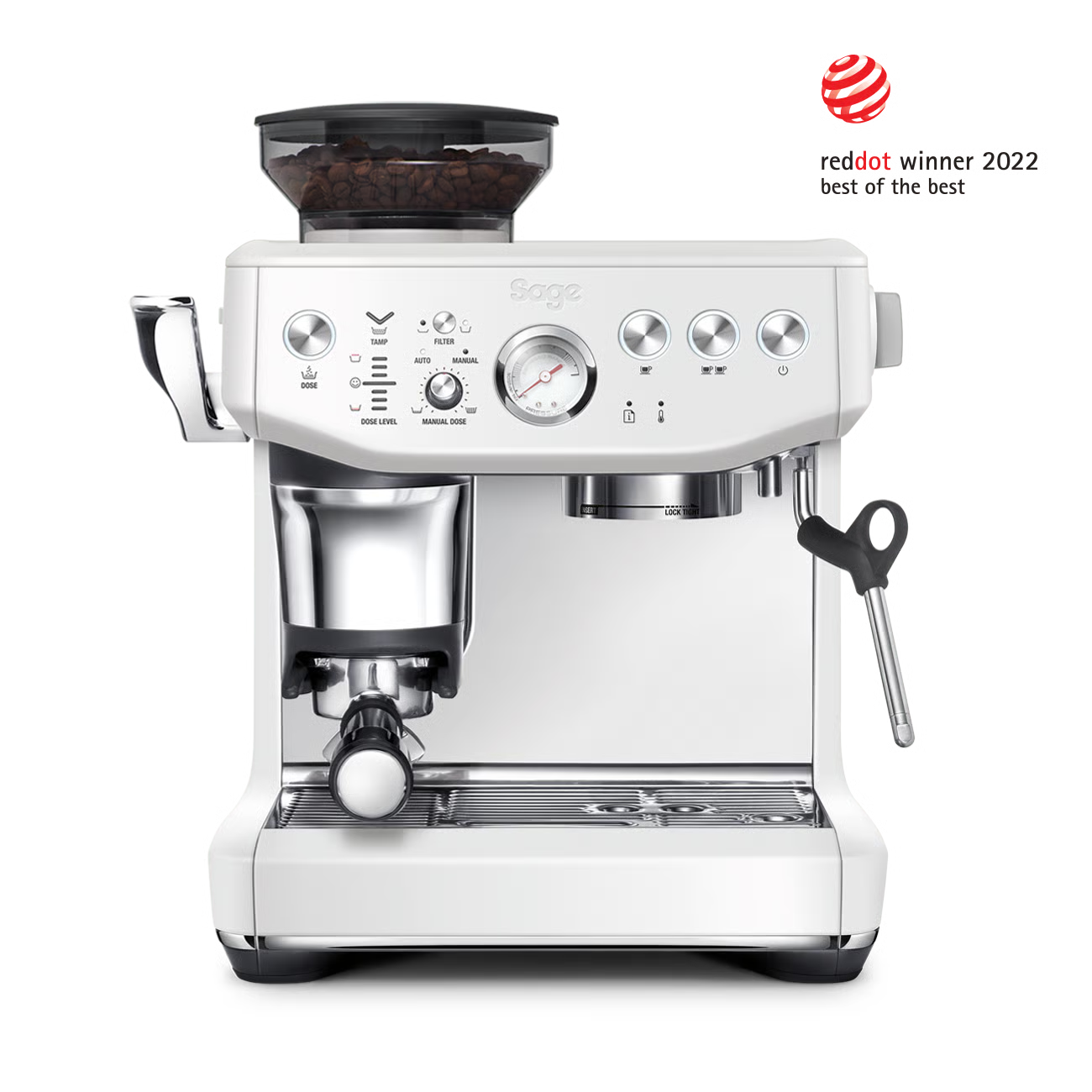 White SAGE espresso machine with a Red Dot Award logo on a white background