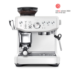 White SAGE espresso machine with a Red Dot Award logo on a white background