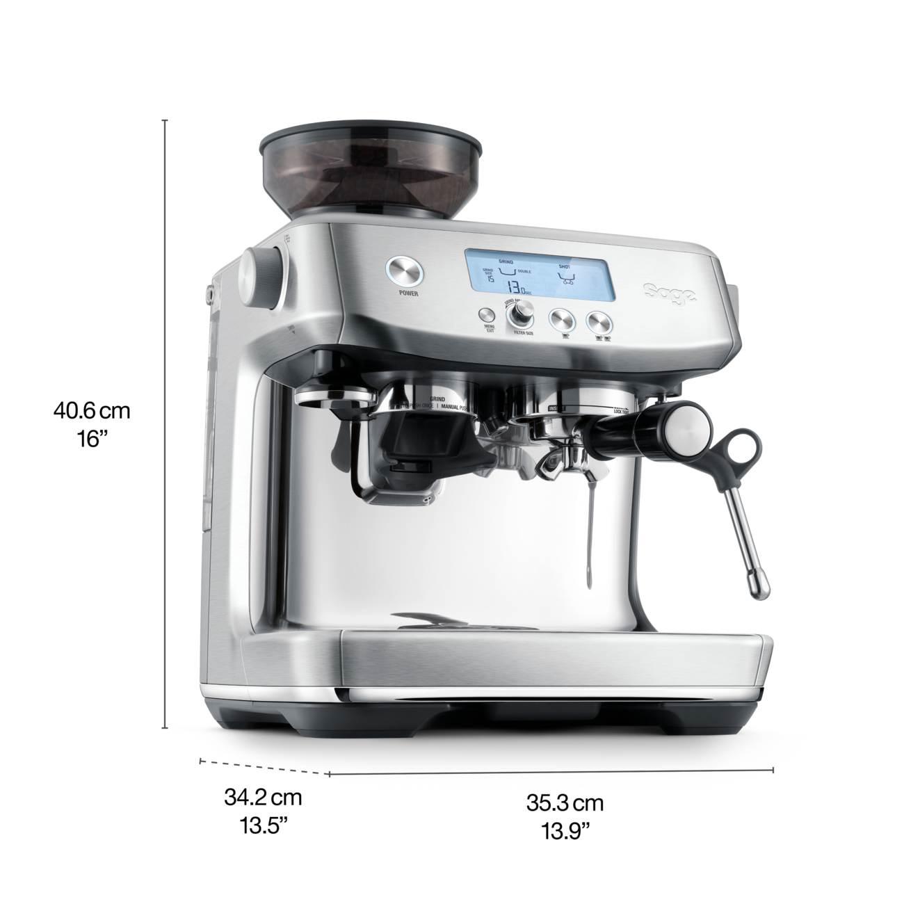 Sage silver espresso machine on a white background