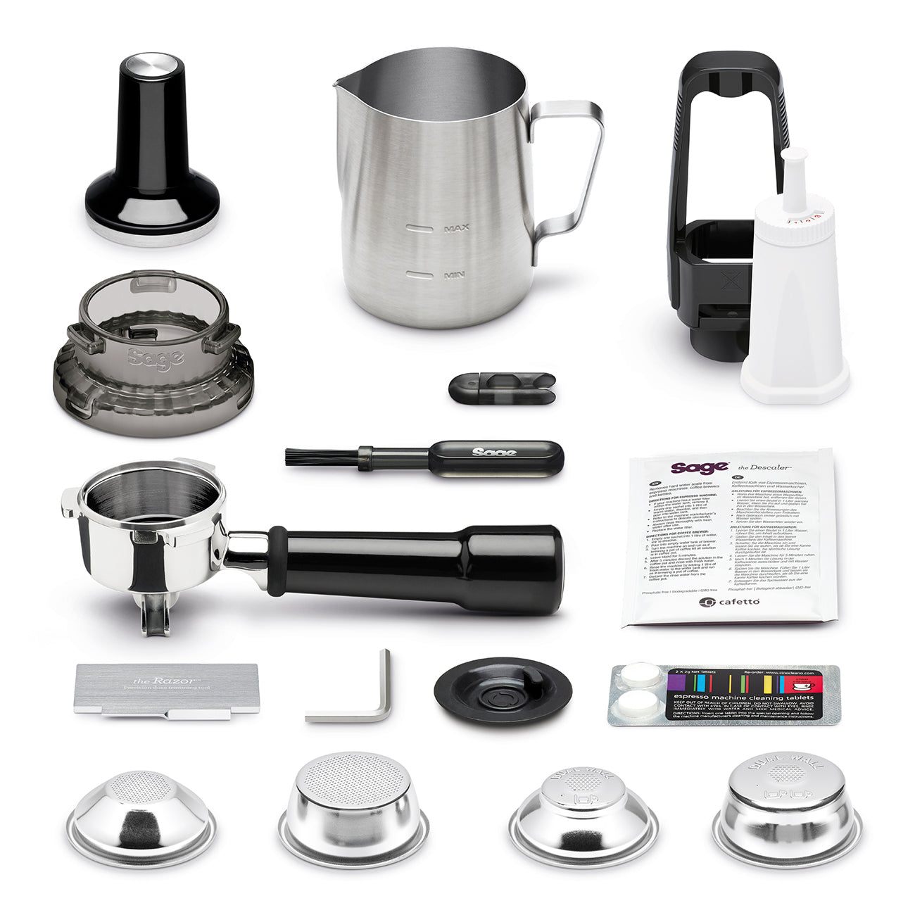 Sage coffee tools and accessories on a white background