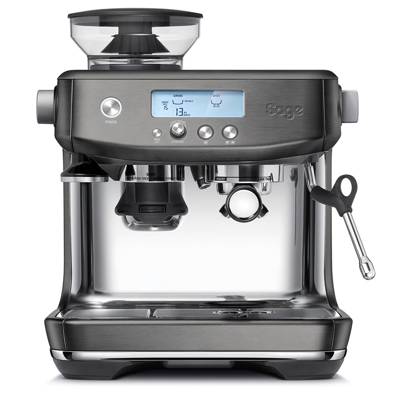 Sage espresso machine with digital display on a white background